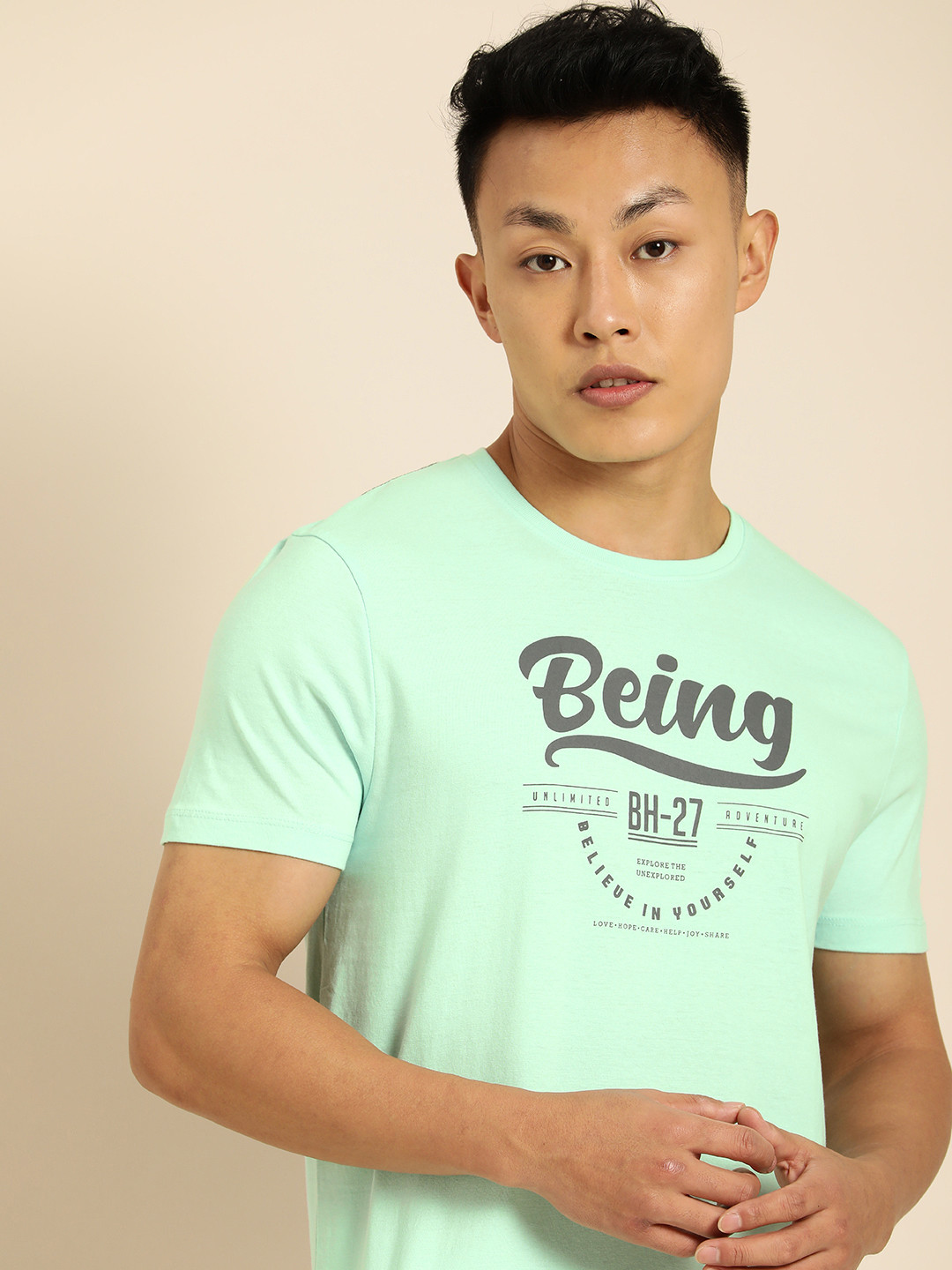 

Being Human Clothing Men Sea Green & Charcoal Grey Brand Logo Printed T-shirt