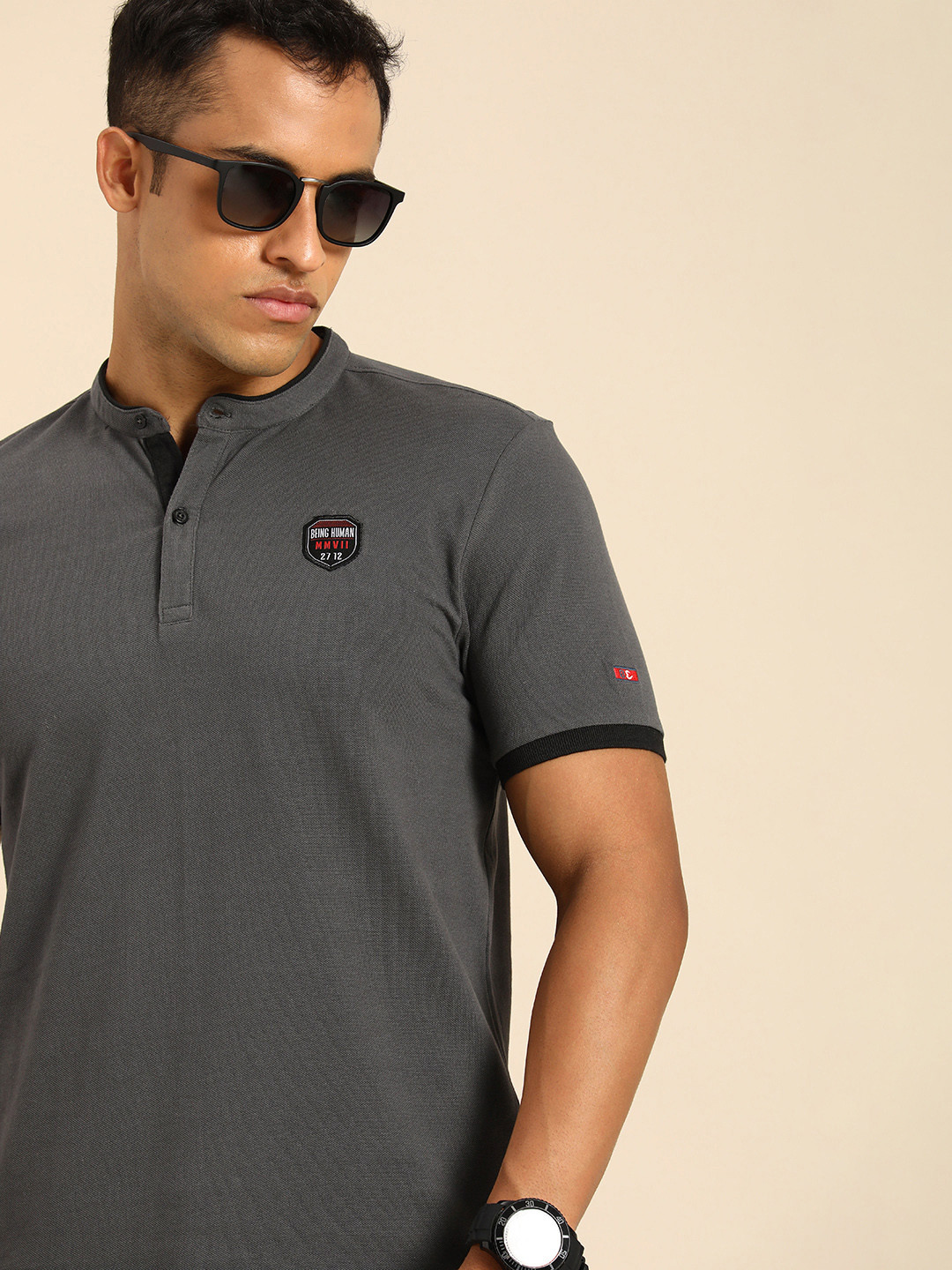 

Being Human Men Charcoal Grey Solid Polo Collar Pure Cotton T-shirt