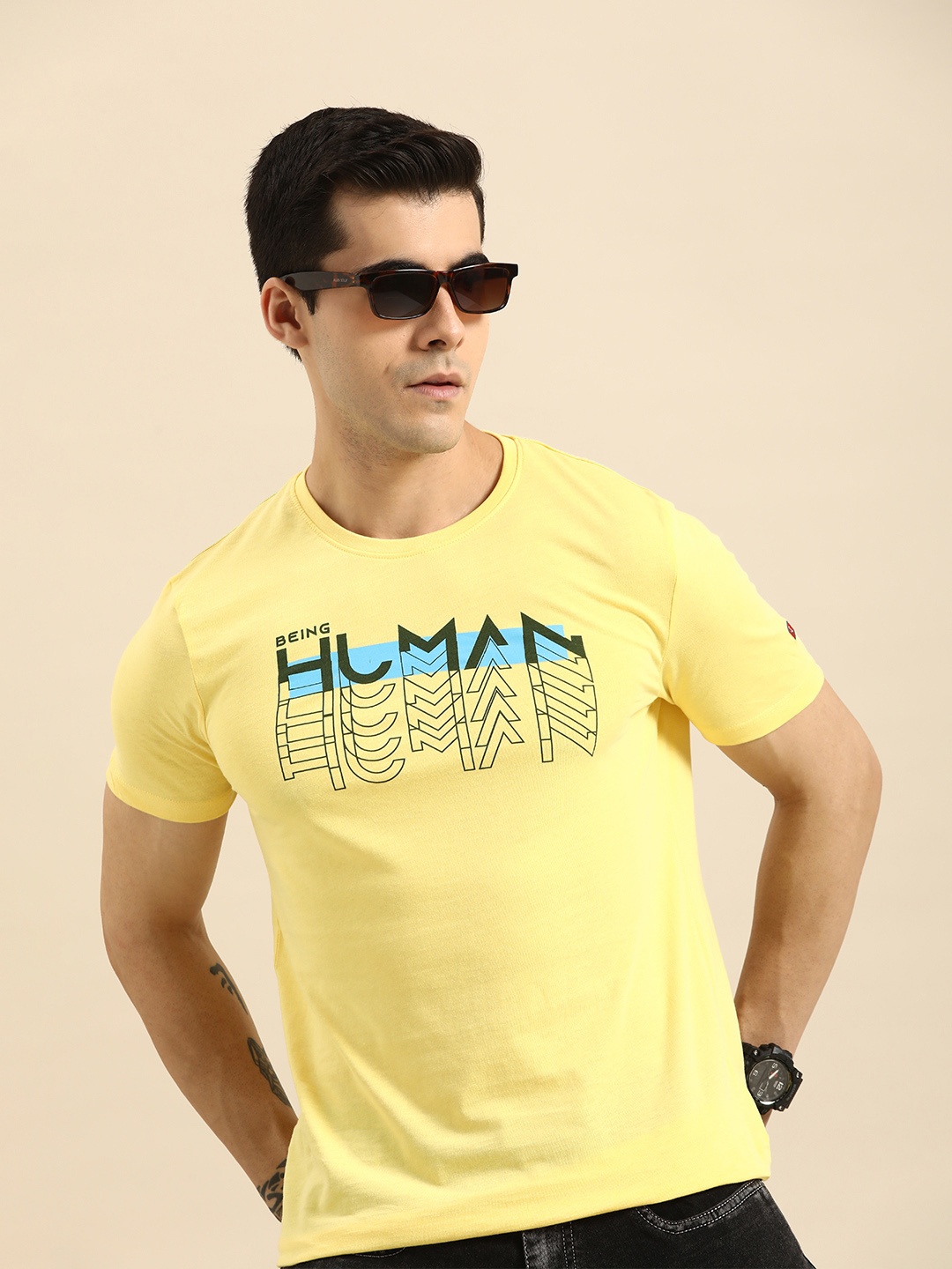 

Being Human Men Yellow & Black Brand Logo Printed Pure Cotton T-shirt