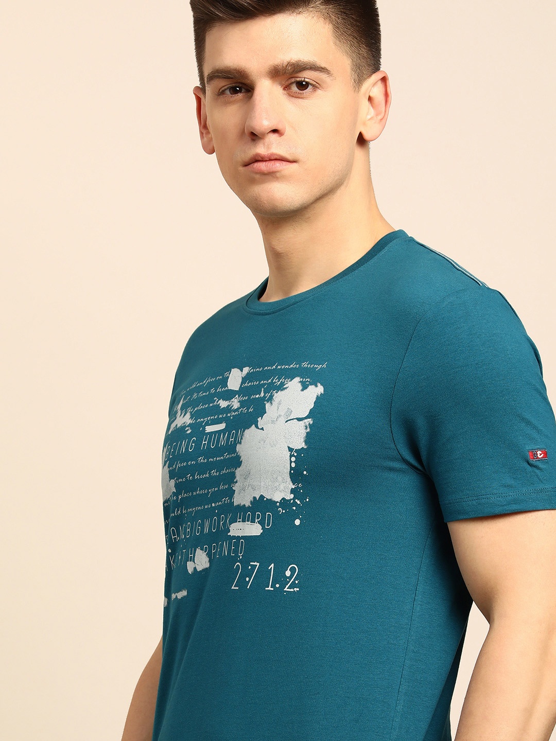 

Being Human Men Teal Blue Typography Printed Pure Cotton T-shirt