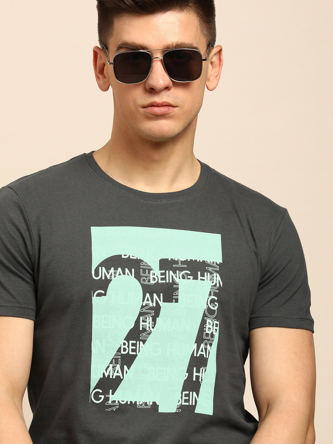

Being Human Men Charcoal Grey Printed Pure Cotton T-shirt