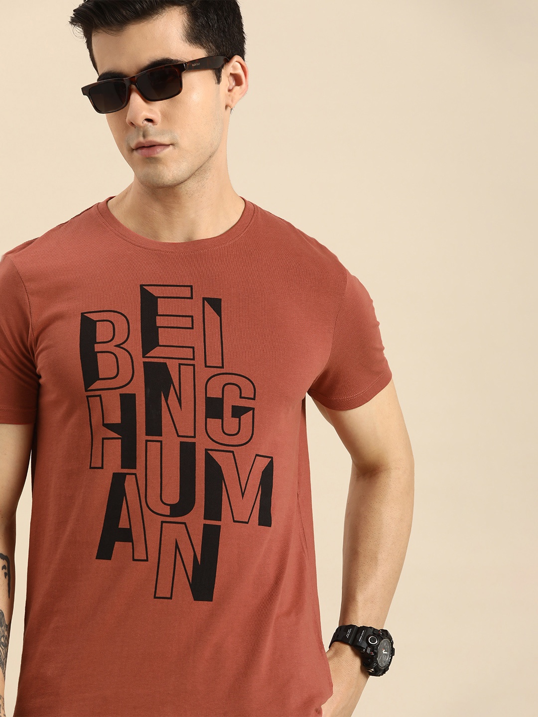 

Being Human Men Brown Typography Printed Pure Cotton Casual T-shirt
