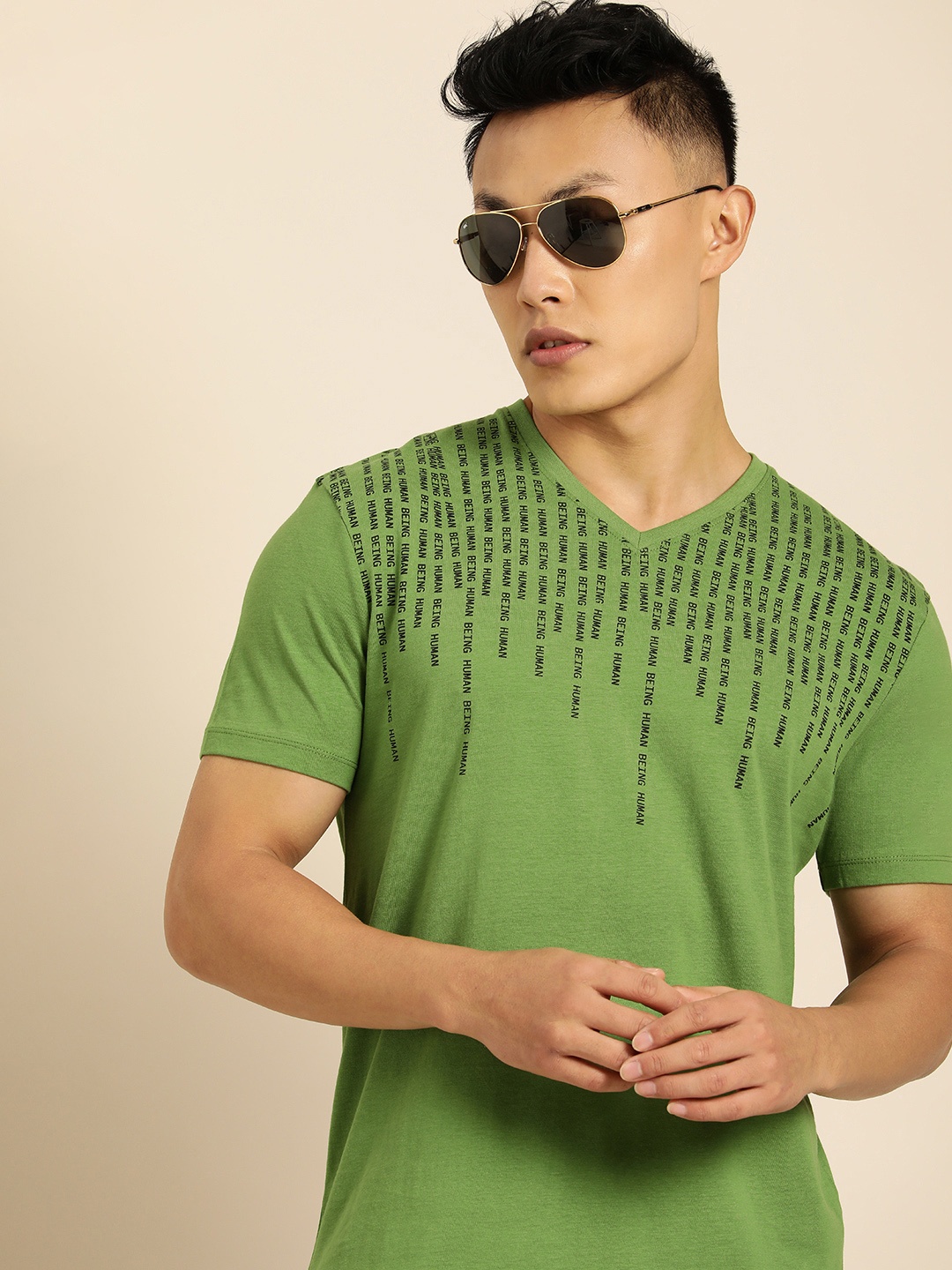 

Being Human Men Green Placement Printed Pure Cotton Casual T-shirt