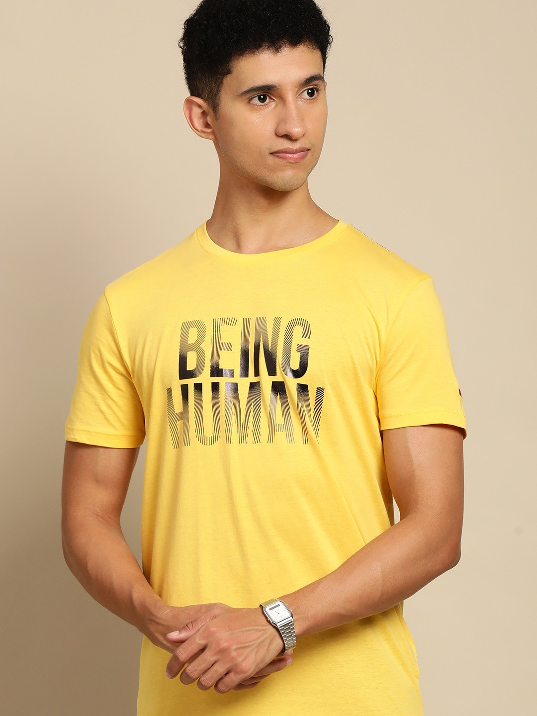 

Being Human Men Yellow Brand Logo Printed Pure Cotton T-shirt