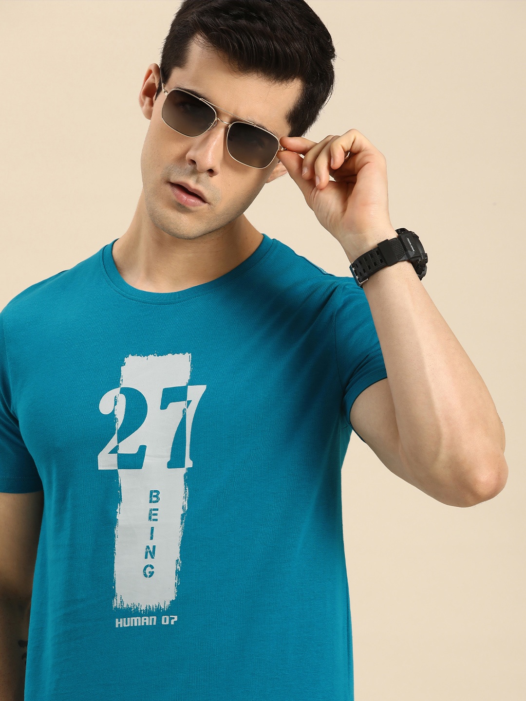 

Being Human Men Teal Blue Brand Logo Printed Pure Cotton T-shirt