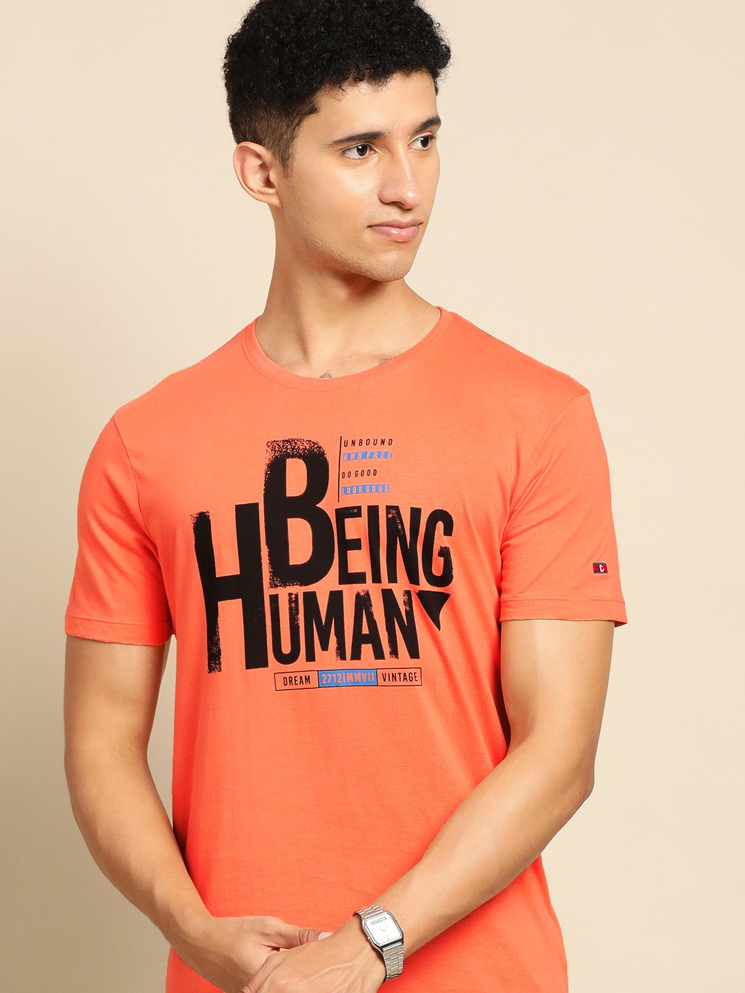 

Being Human Men Orange Brand Logo Printed Pure Cotton T-shirt