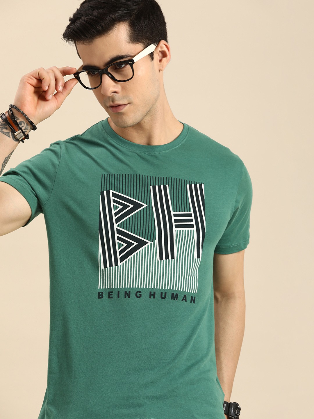 

Being Human Men Green Typography Printed Pure Cotton T-shirt