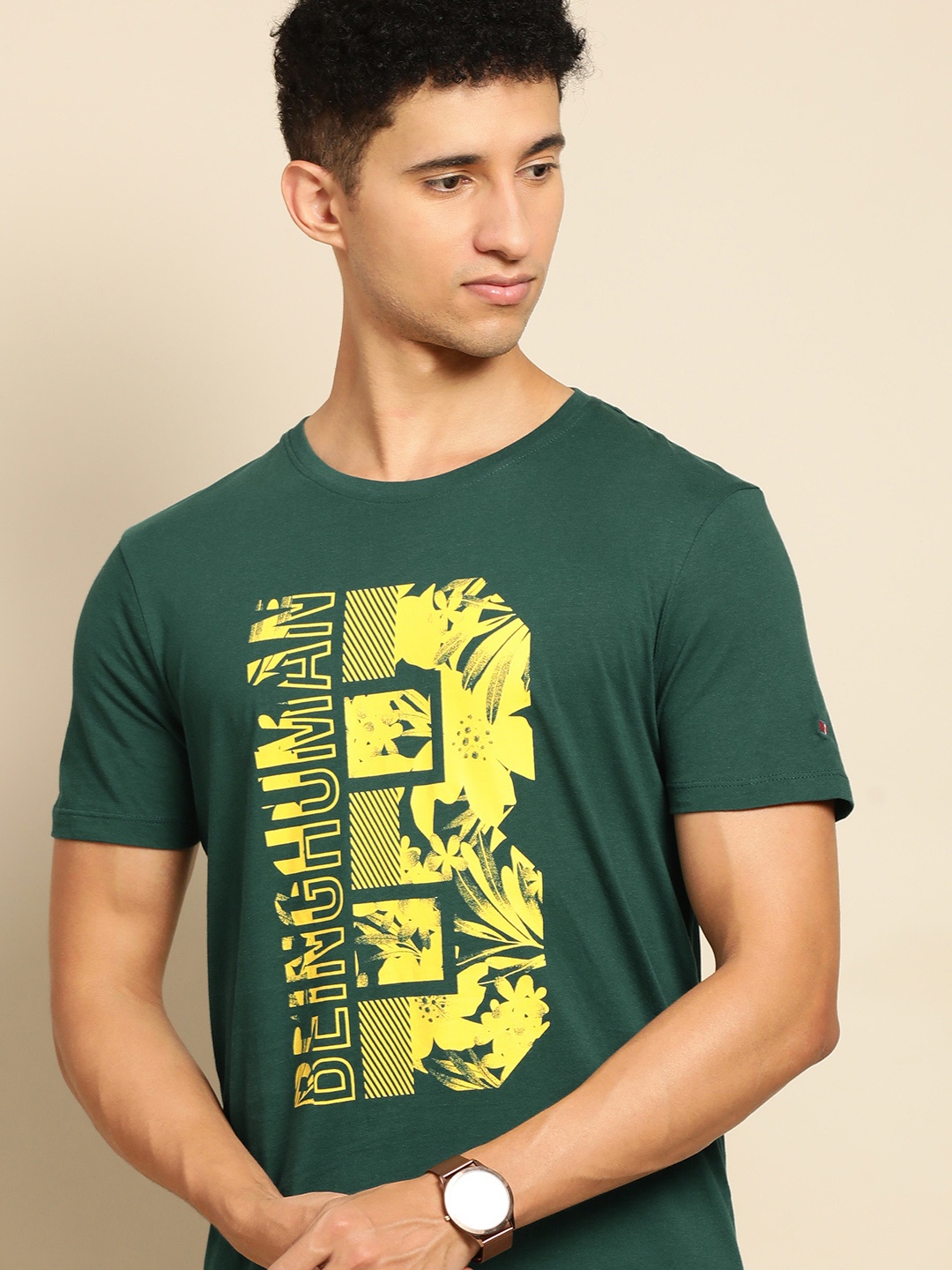 

Being Human Men Green & Yellow Typography Printed Pure Cotton T-shirt