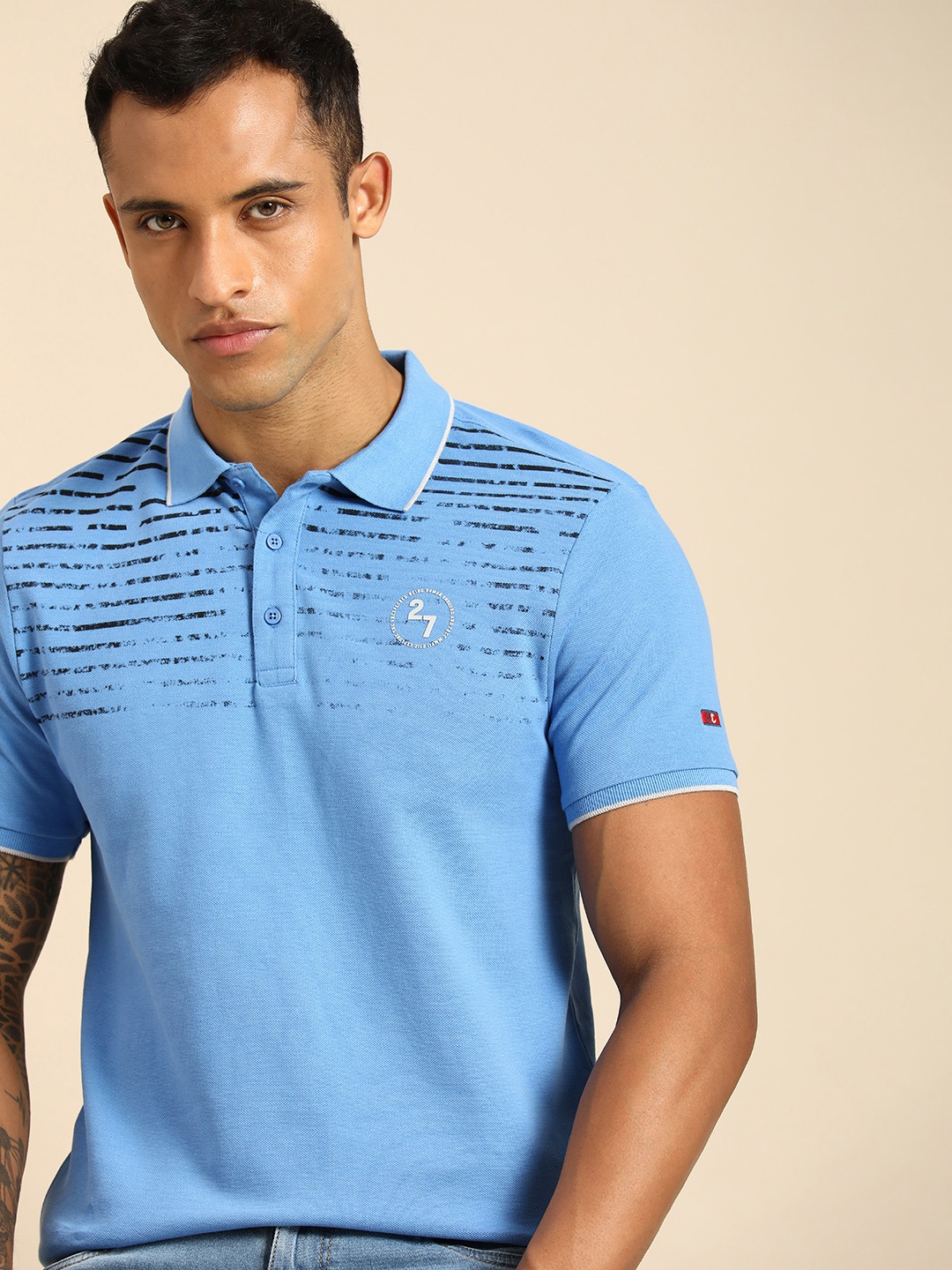 

Being Human Men Blue Striped Polo Collar Pure Cotton T-shirt