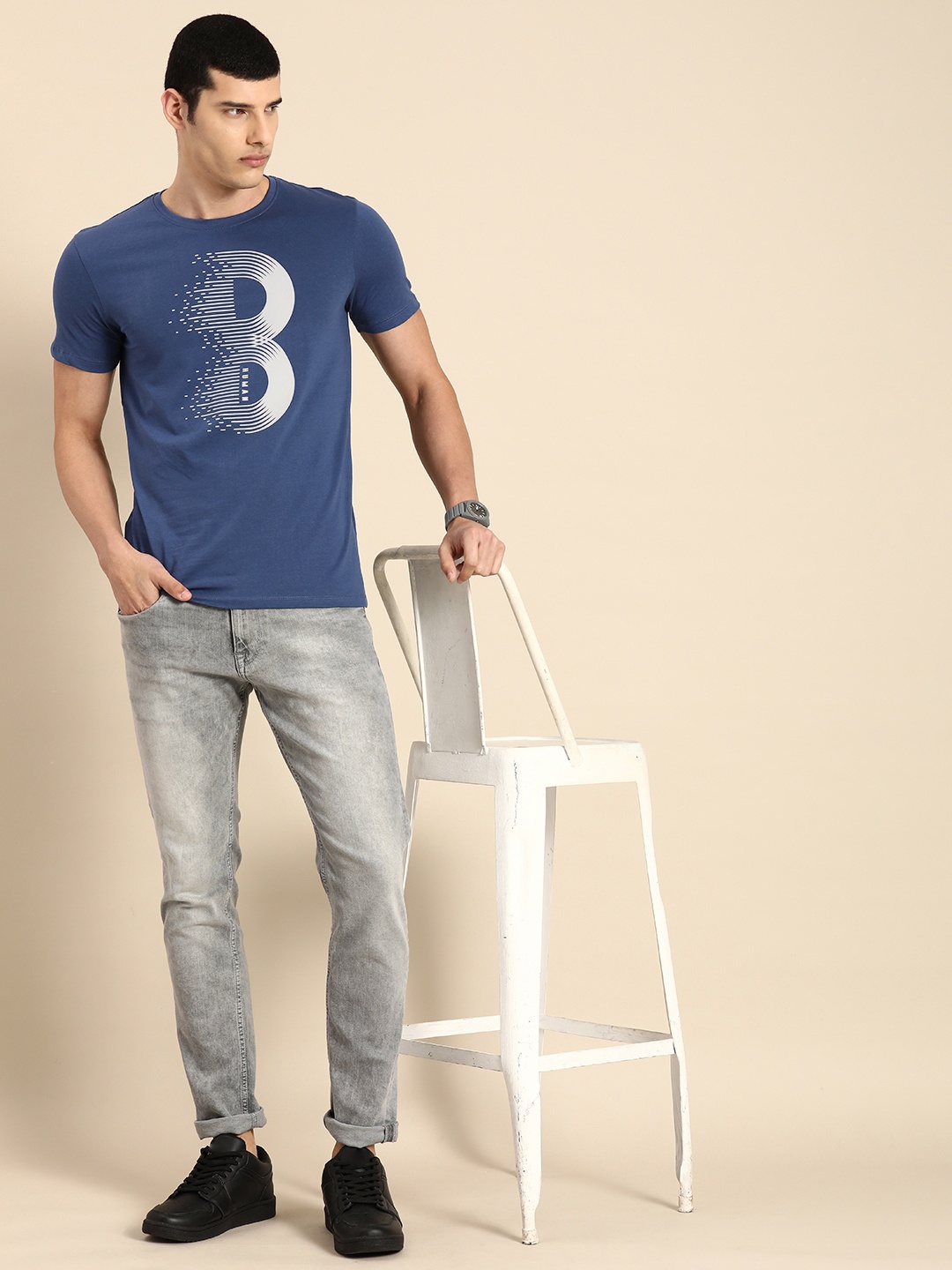 Being Human Clothing Men Pure Cotton Brand Logo Printed T-shirt, Navy blue