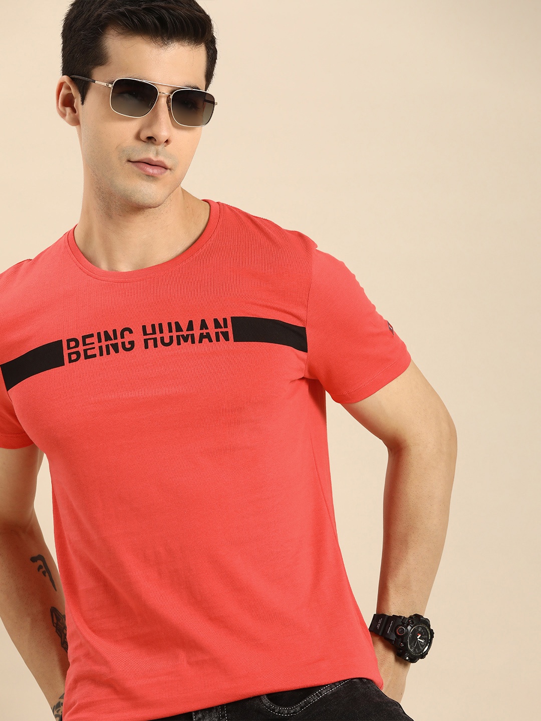 

Being Human Men Coral Typography Printed Pure Cotton Casual T-shirt