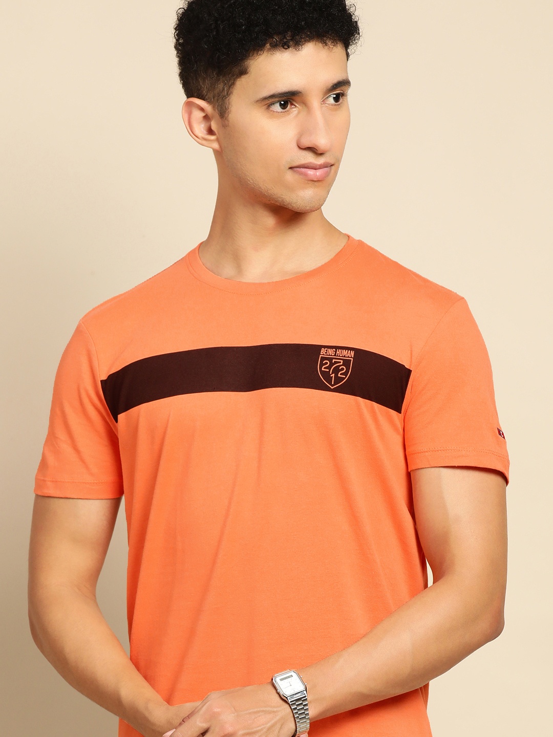 

Being Human Men Orange & Black Striped Pure Cotton T-shirt