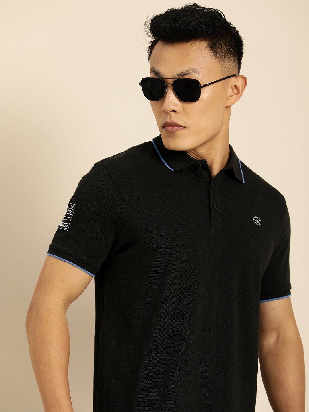 

Being Human Men Black Brand Logo Printed Polo Collar Applique Pure Cotton T-shirt
