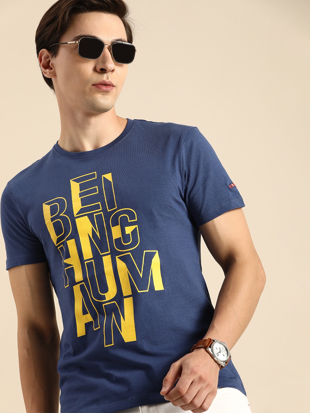 

Being Human Clothing Men Navy Blue & Yellow Typography Printed Pure Cotton T-shirt