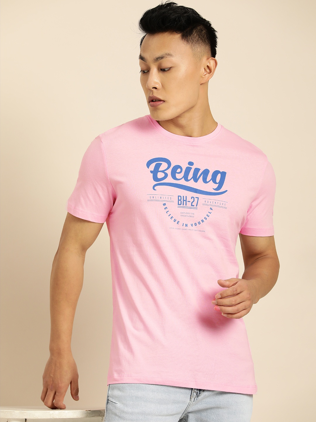 

Being Human Clothing Men Pink Brand Logo Printed Pure Cotton T-shirt