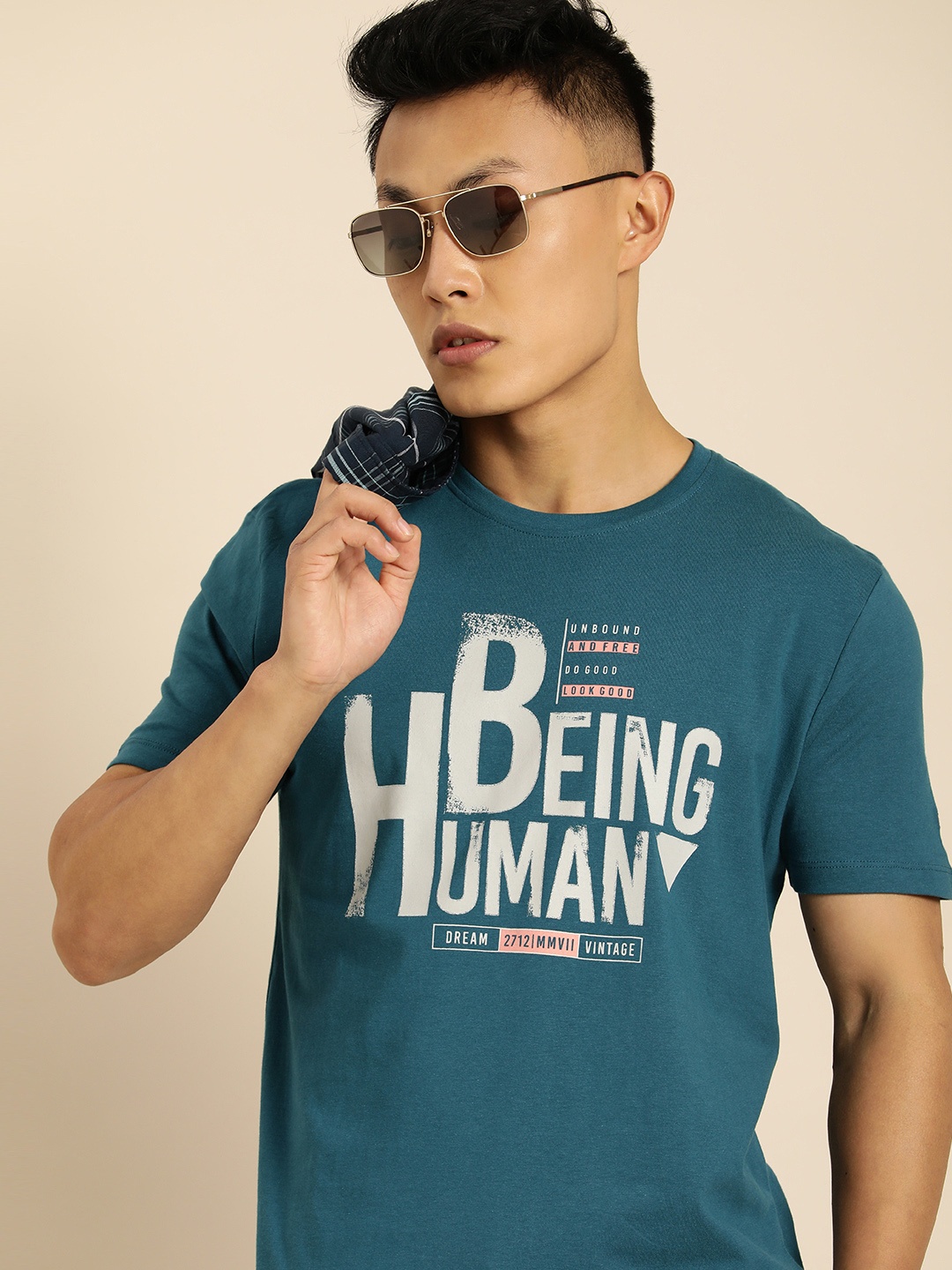 

Being Human Men Blue & White Brand Logo Printed Pure Cotton T-shirt