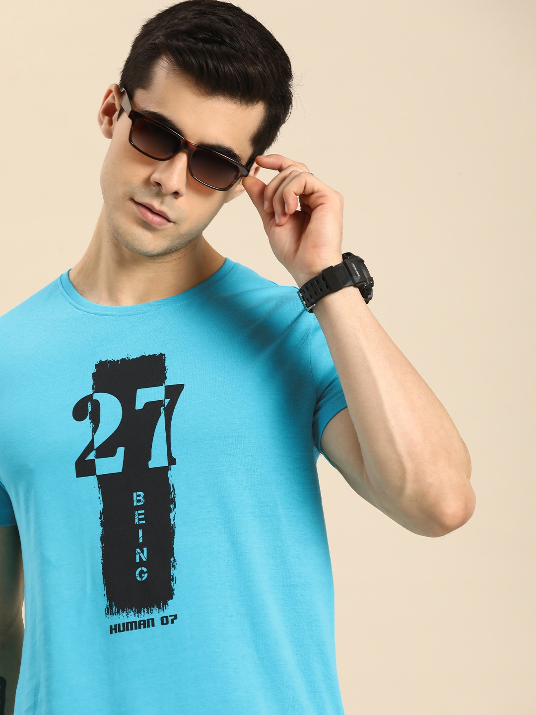 

Being Human Men Turquoise Blue Brand Logo Printed Pure Cotton T-shirt
