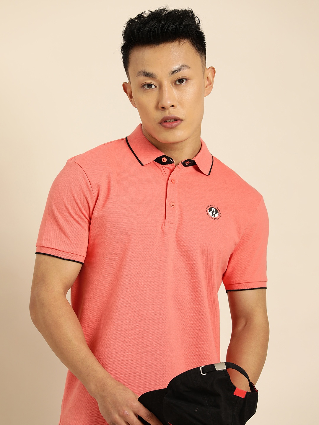 

Being Human Men Coral Pink Solid Polo Collar T-shirt