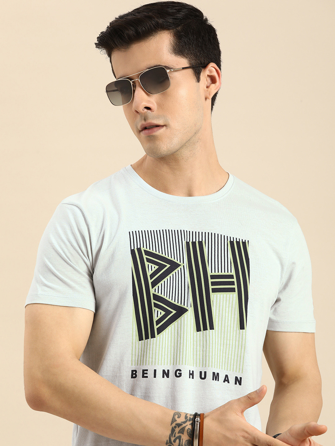 

Being Human Men Grey & Green Brand Logo Printed Pure Cotton T-shirt