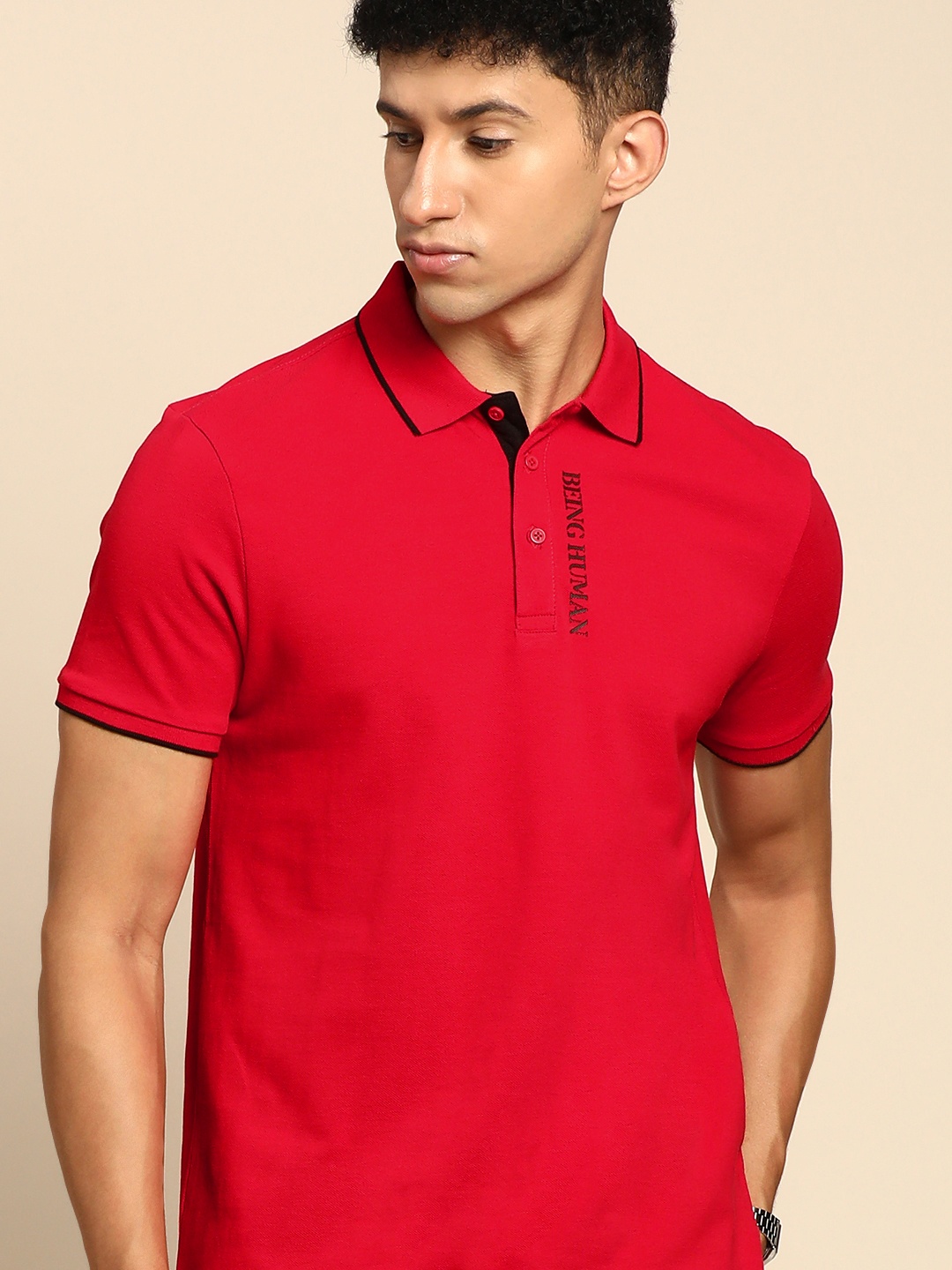 

Being Human Men Red Brand Logo Printed Polo Collar Pure Cotton Casual T-shirt