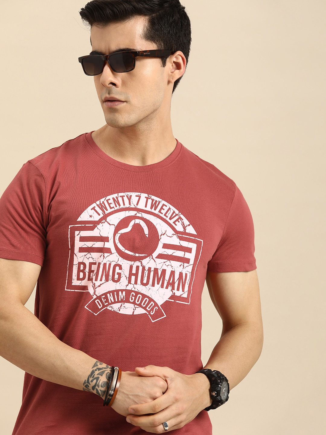 

Being Human Men Brown & White Brand Logo Printed Pure Cotton T-shirt