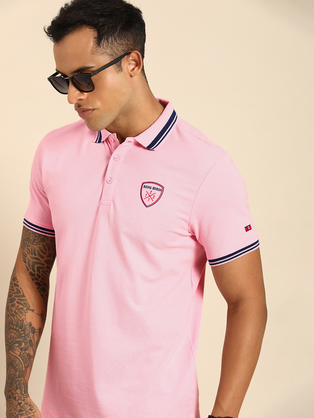 

Being Human Men Pink Polo Collar T-shirt with Contrast Tipping