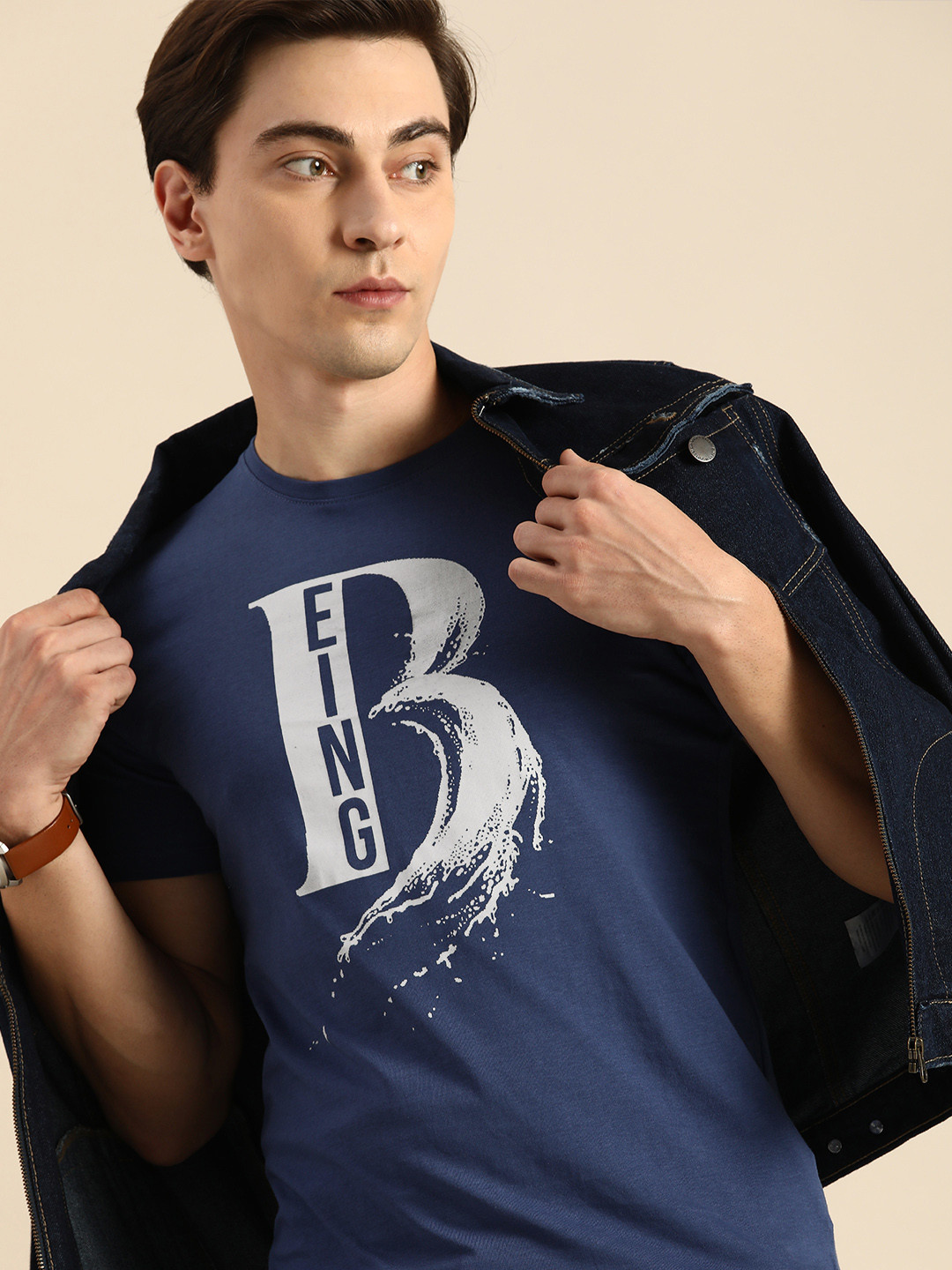 

Being Human Clothing Men Navy Blue Typography Printed Pure Cotton T-shirt
