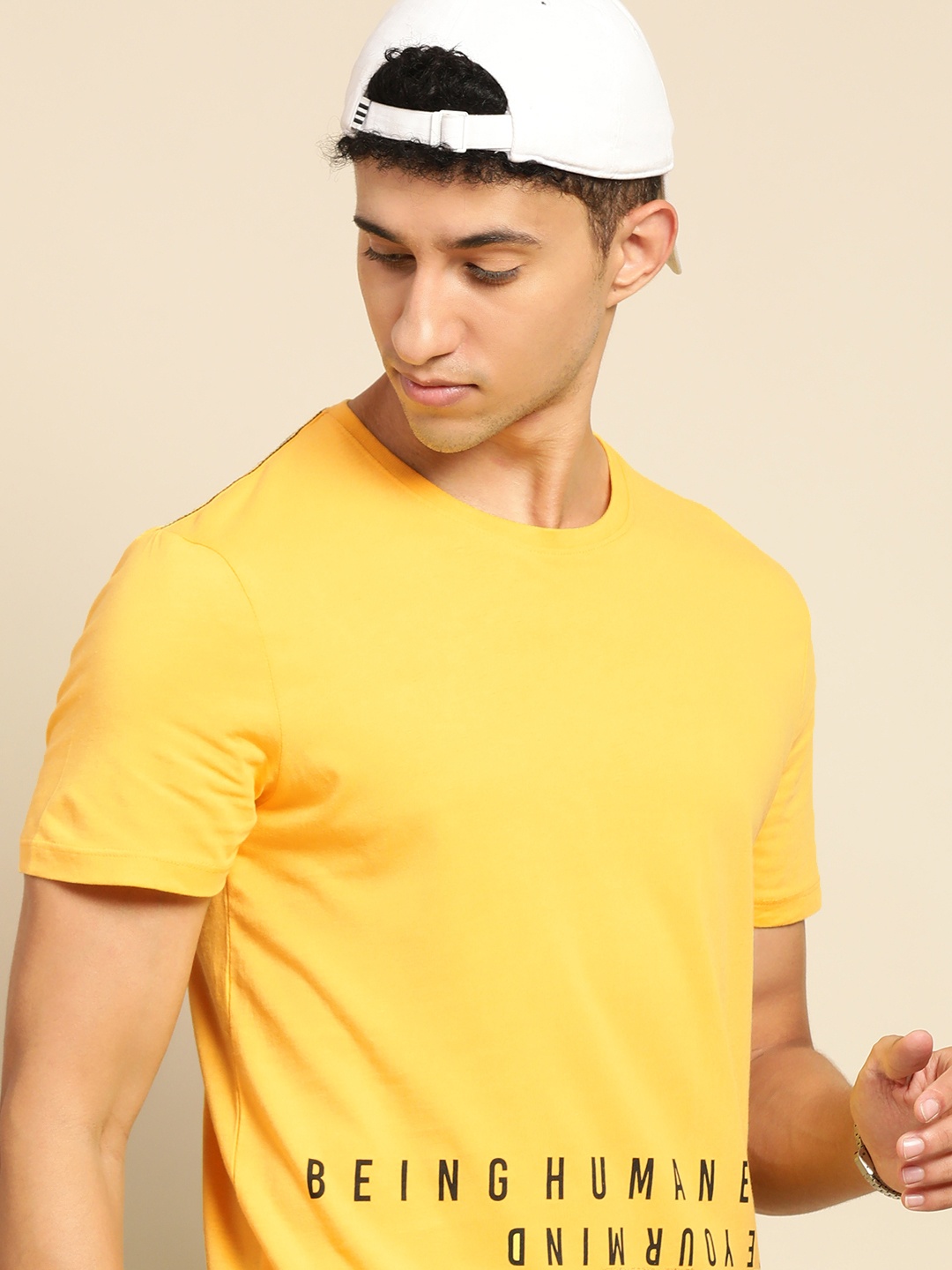 

Being Human Men Yellow & Black Typography Printed Pure Cotton T-shirt