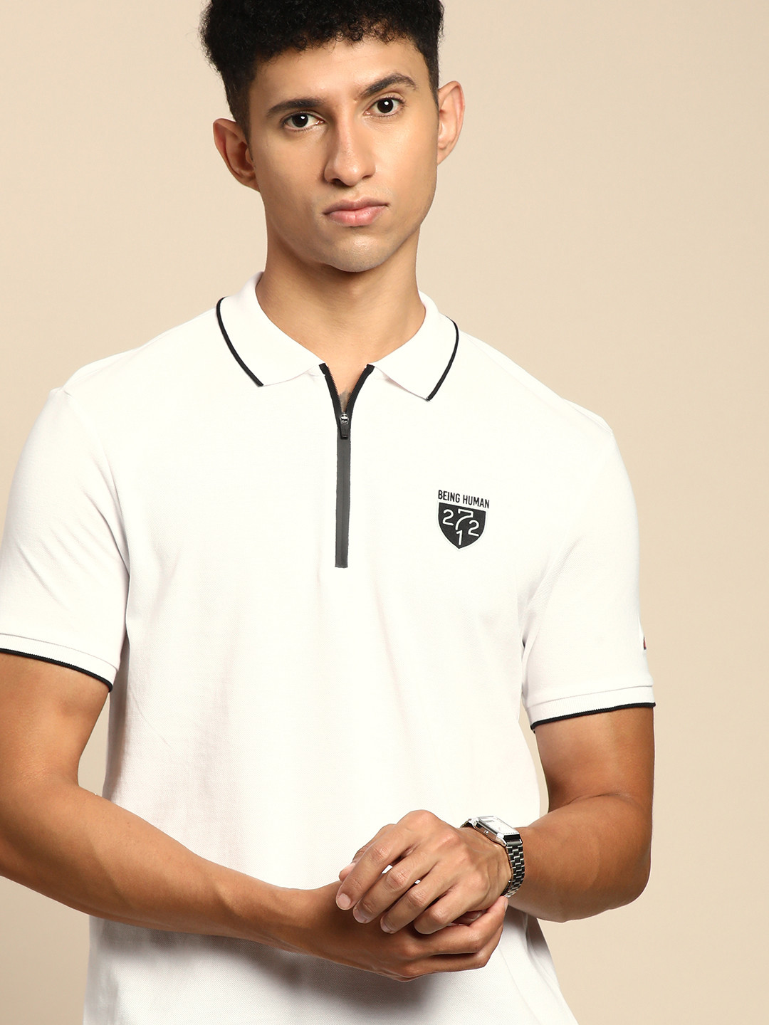 

Being Human Men White Printed Polo Collar Pure Cotton Casual T-shirt