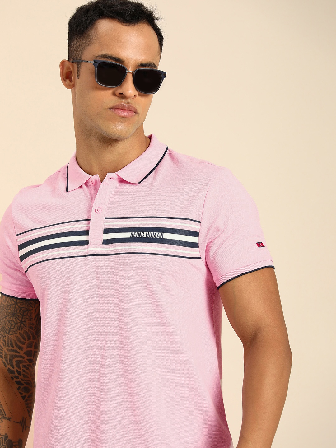 

Being Human Men Pink Polo Collar T-shirt with Striped Detail