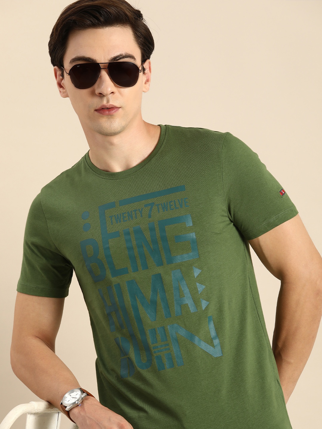 

Being Human Men Olive Green Typography Printed Pure Cotton T-shirt