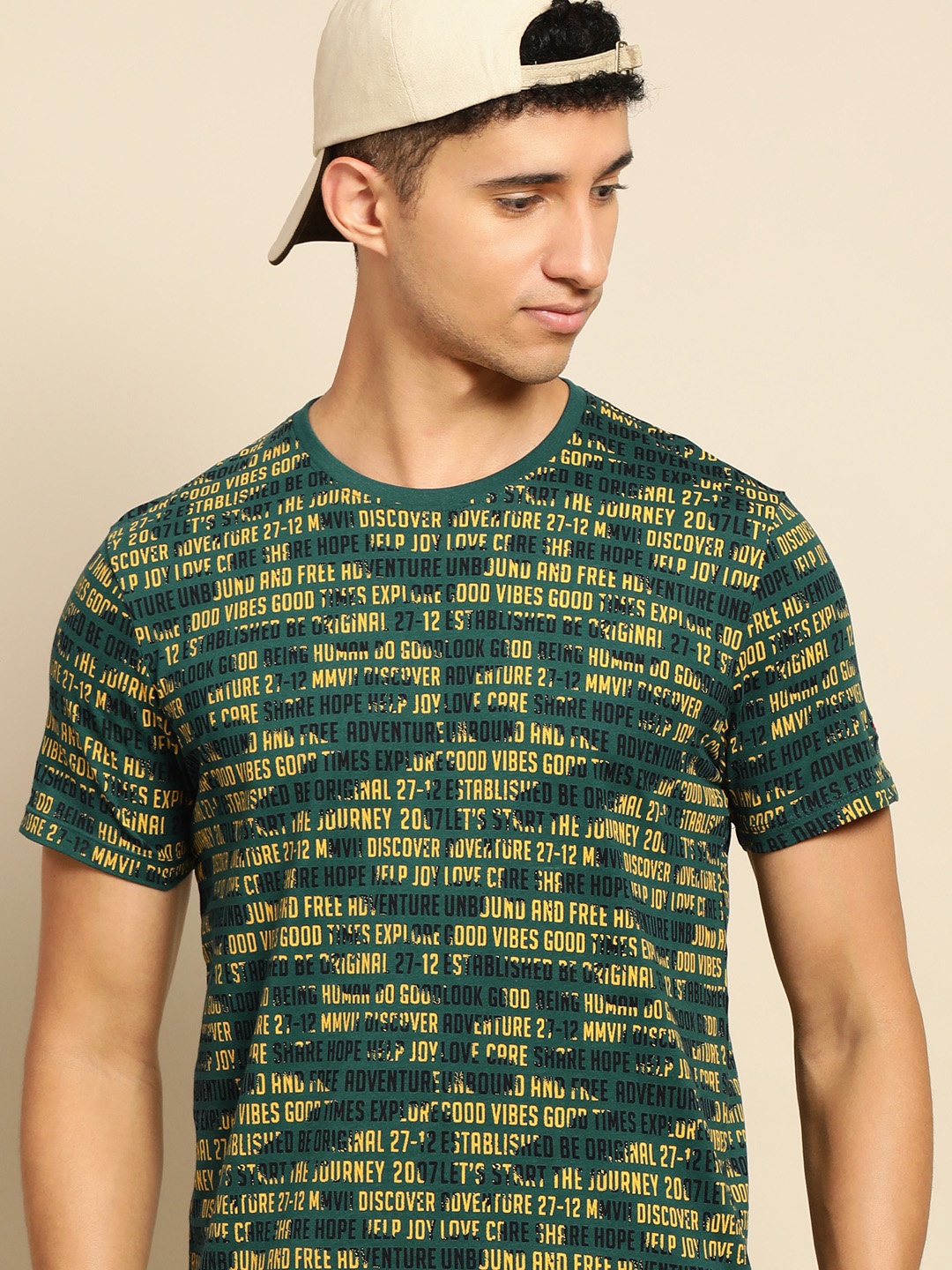 

Being Human Men Green & Yellow Typography Printed Pure Cotton T-shirt
