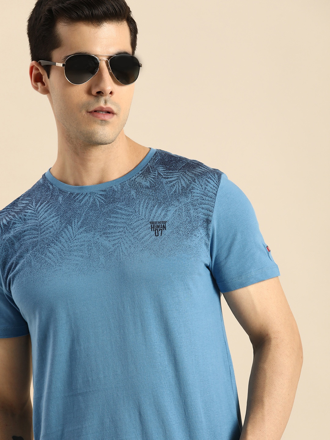 

Being Human Clothing Men Blue Tropical Printed Pure Cotton T-shirt