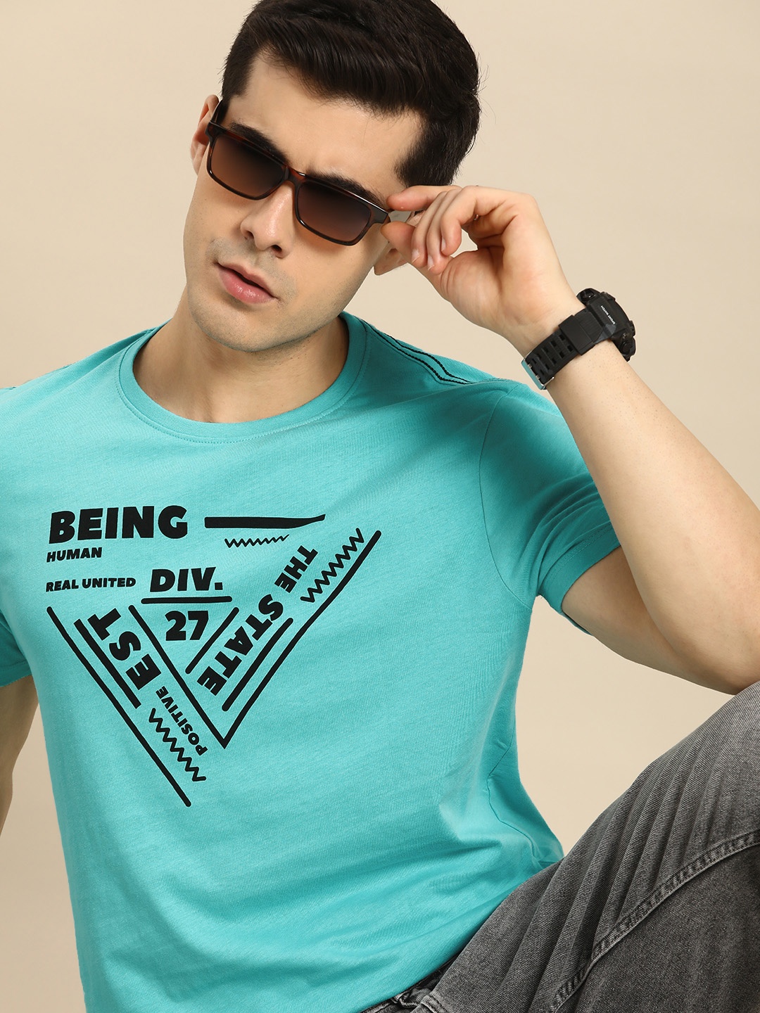 

Being Human Men Blue Brand Logo Printed Pure Cotton T-shirt