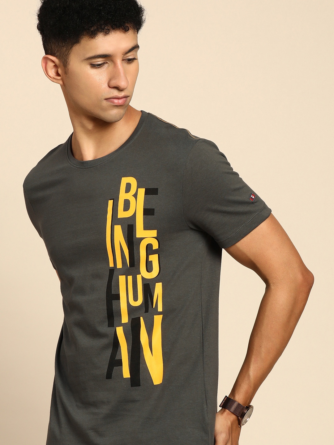 

Being Human Men Charcoal Grey Typography Printed Pure Cotton T-shirt