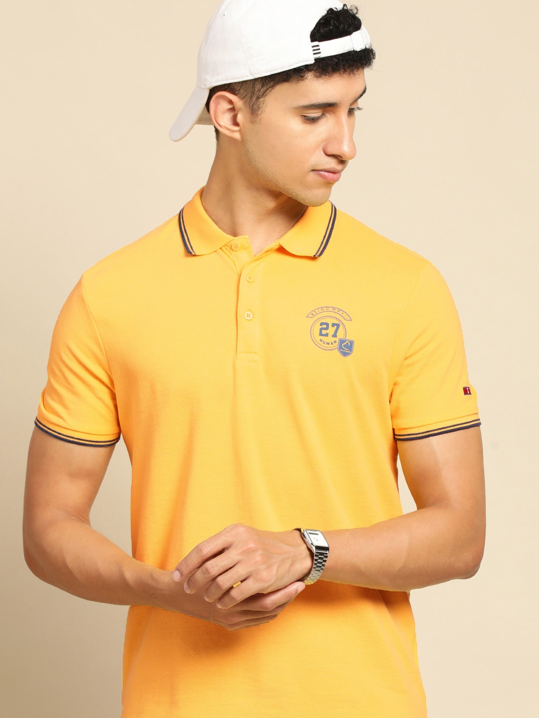 

Being Human Men Yellow & Blue Printed Polo Collar Pure Cotton T-shirt