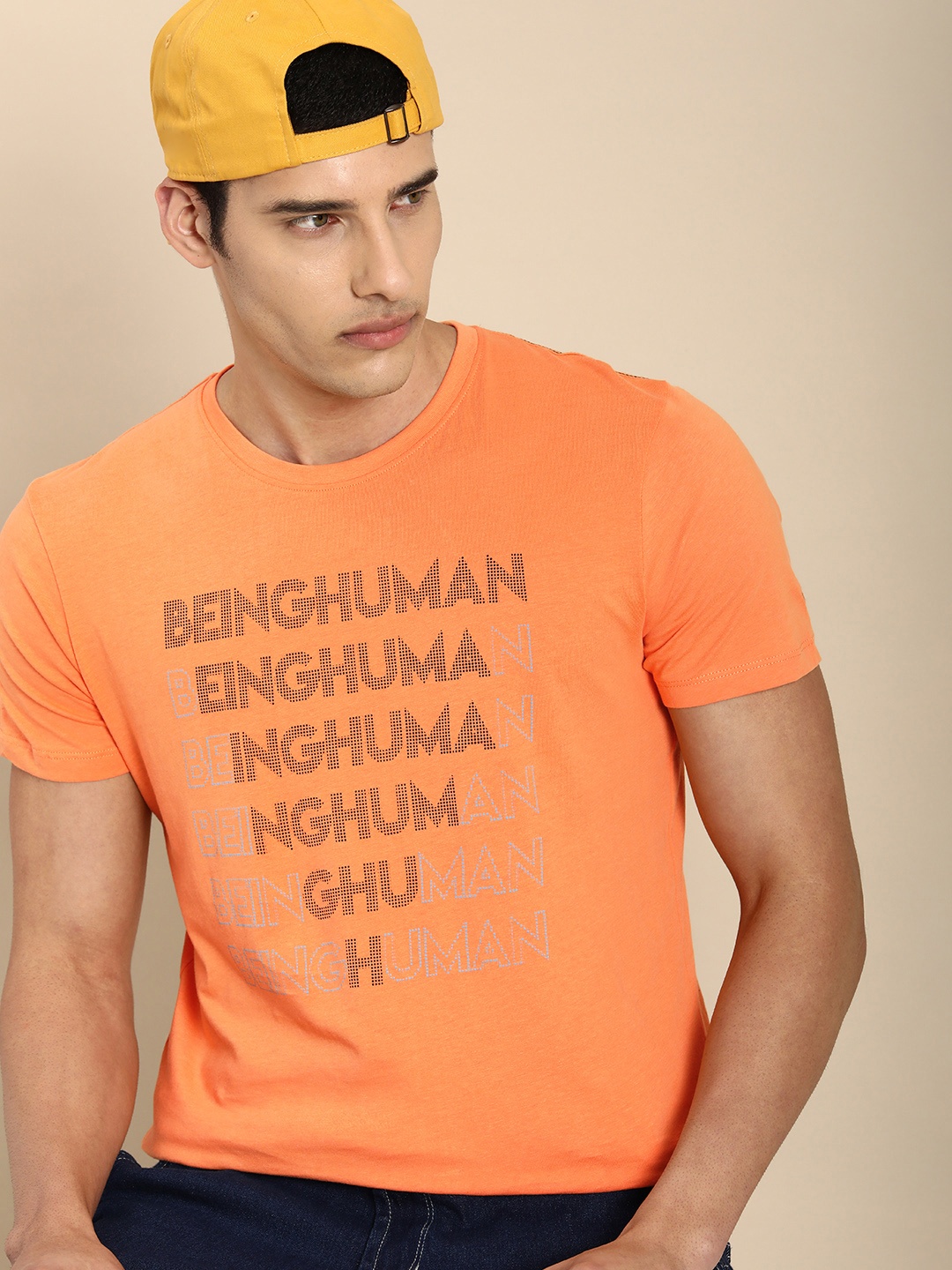 

Being Human Men Brand Logo Printed Pure Cotton T-shirt, Orange