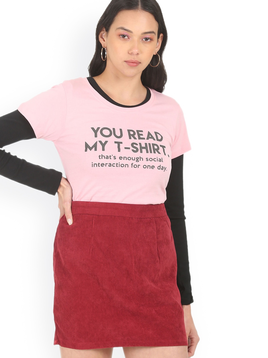 

Sugr Women Pink & Grey Typography Printed Pure Cotton T-shirt