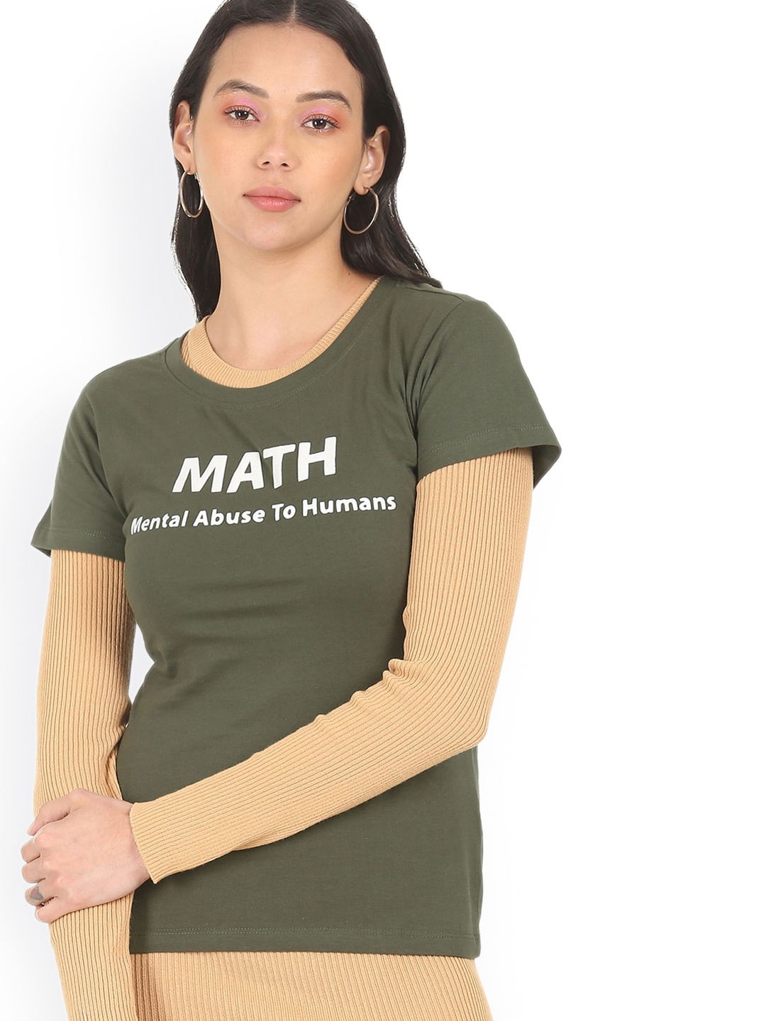 

Sugr Women Olive Green & White Typography Printed Pure Cotton T-shirt