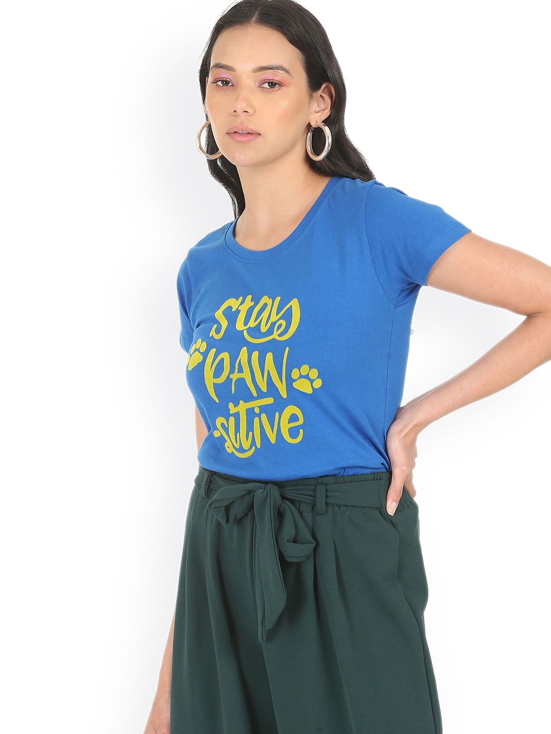 

Sugr Women Blue & Yellow Typography Printed Pure Cotton T-shirt
