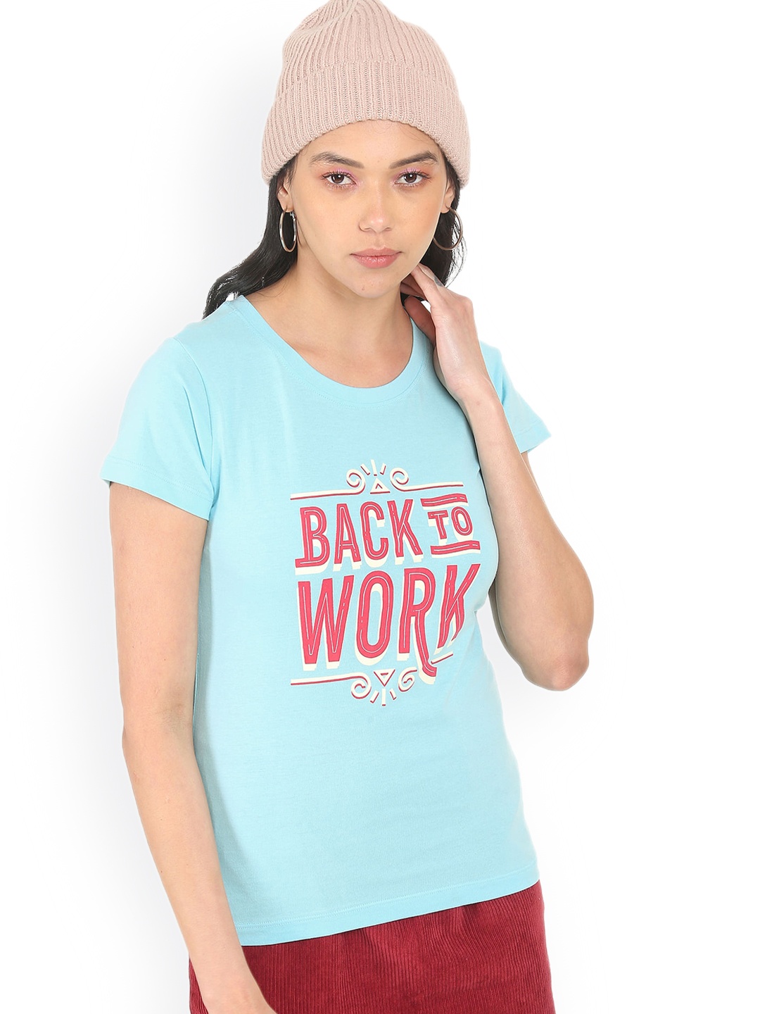 

Sugr Women Turquoise Blue & Pink Typography Printed Pure Cotton T-shirt