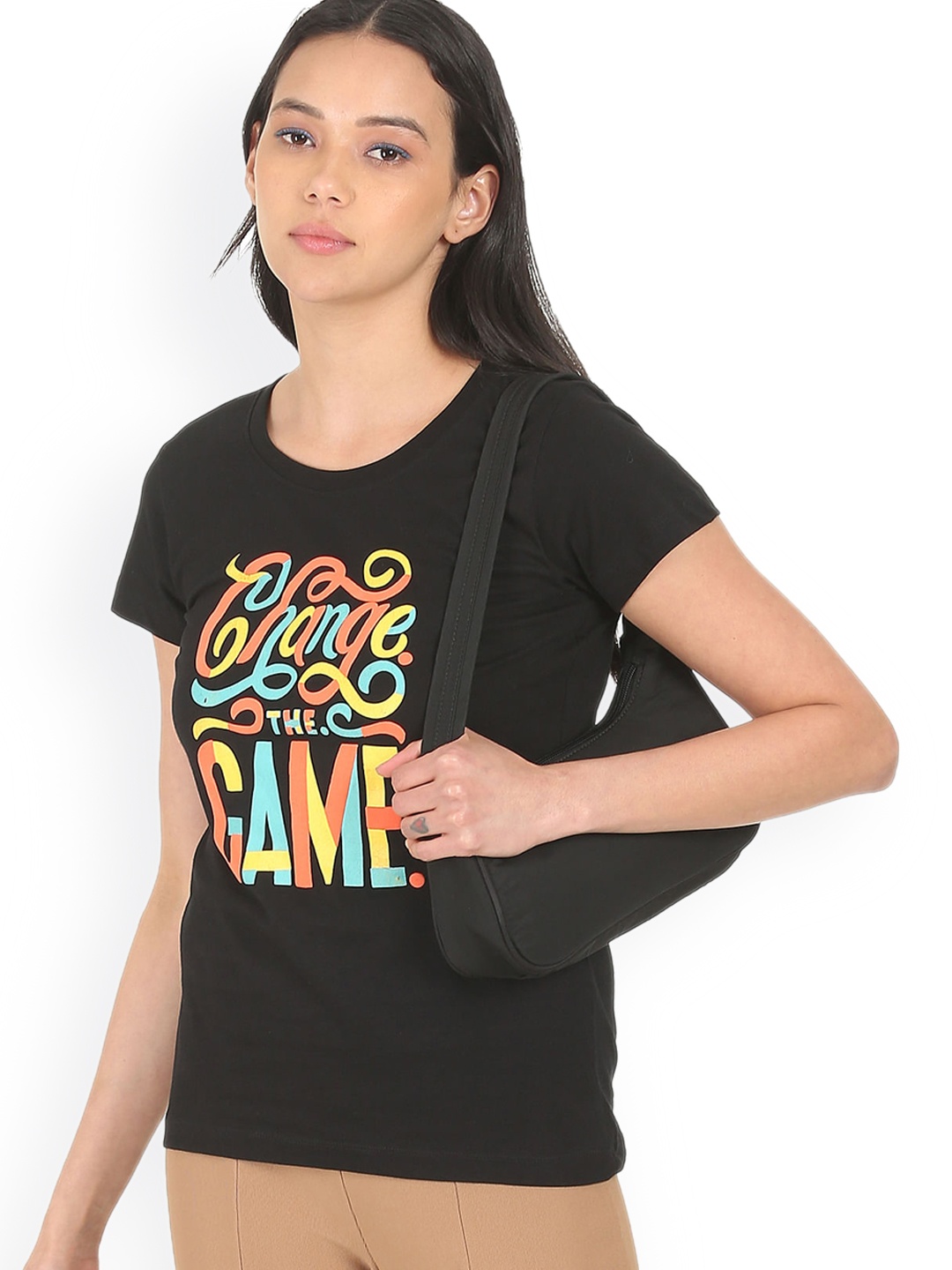 

Sugr Women Black Typography Printed Extended Sleeves Pockets T-shirt