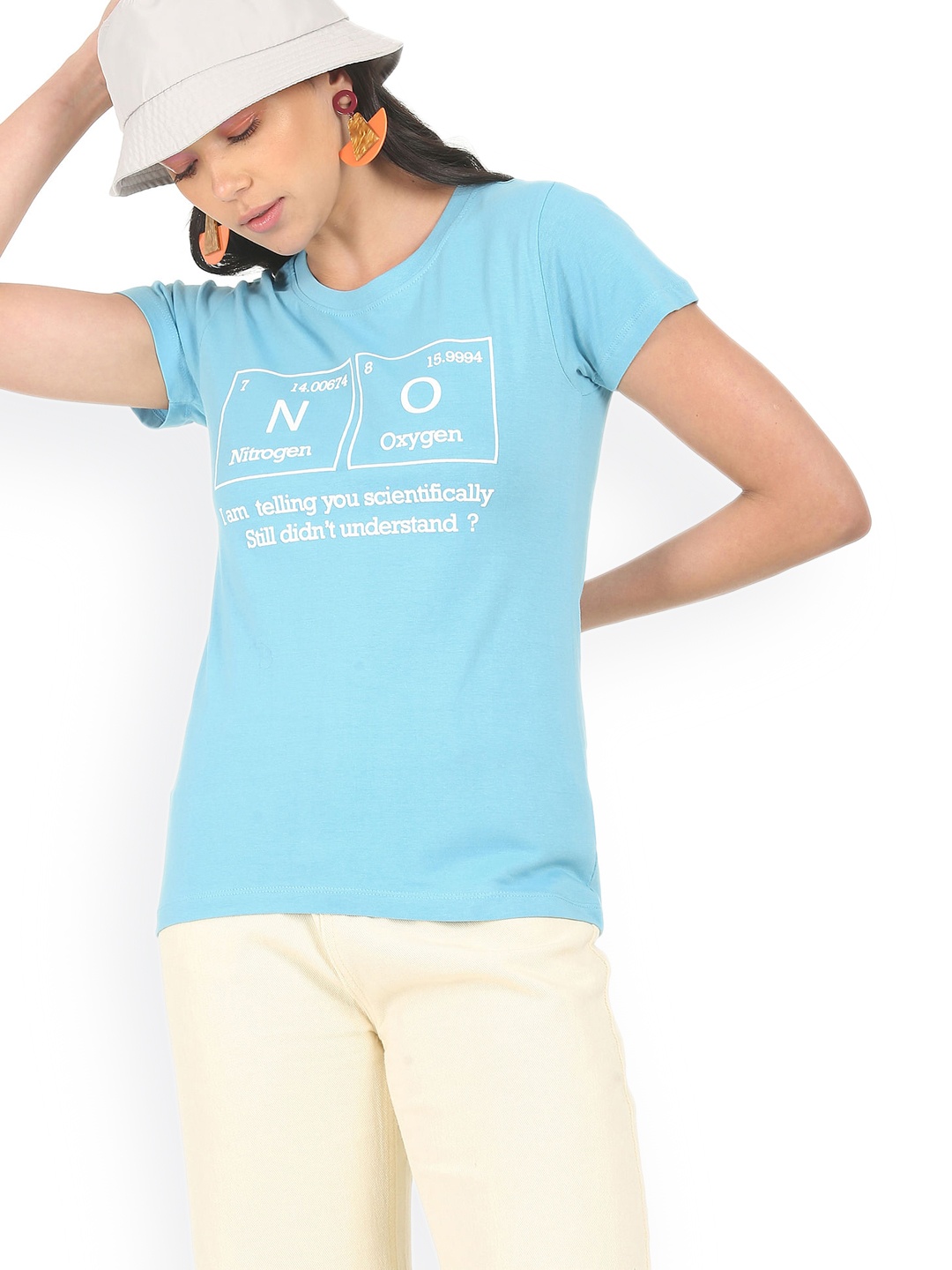 

Sugr Women Turquoise Blue & White Typography Printed Pure Cotton T-shirt