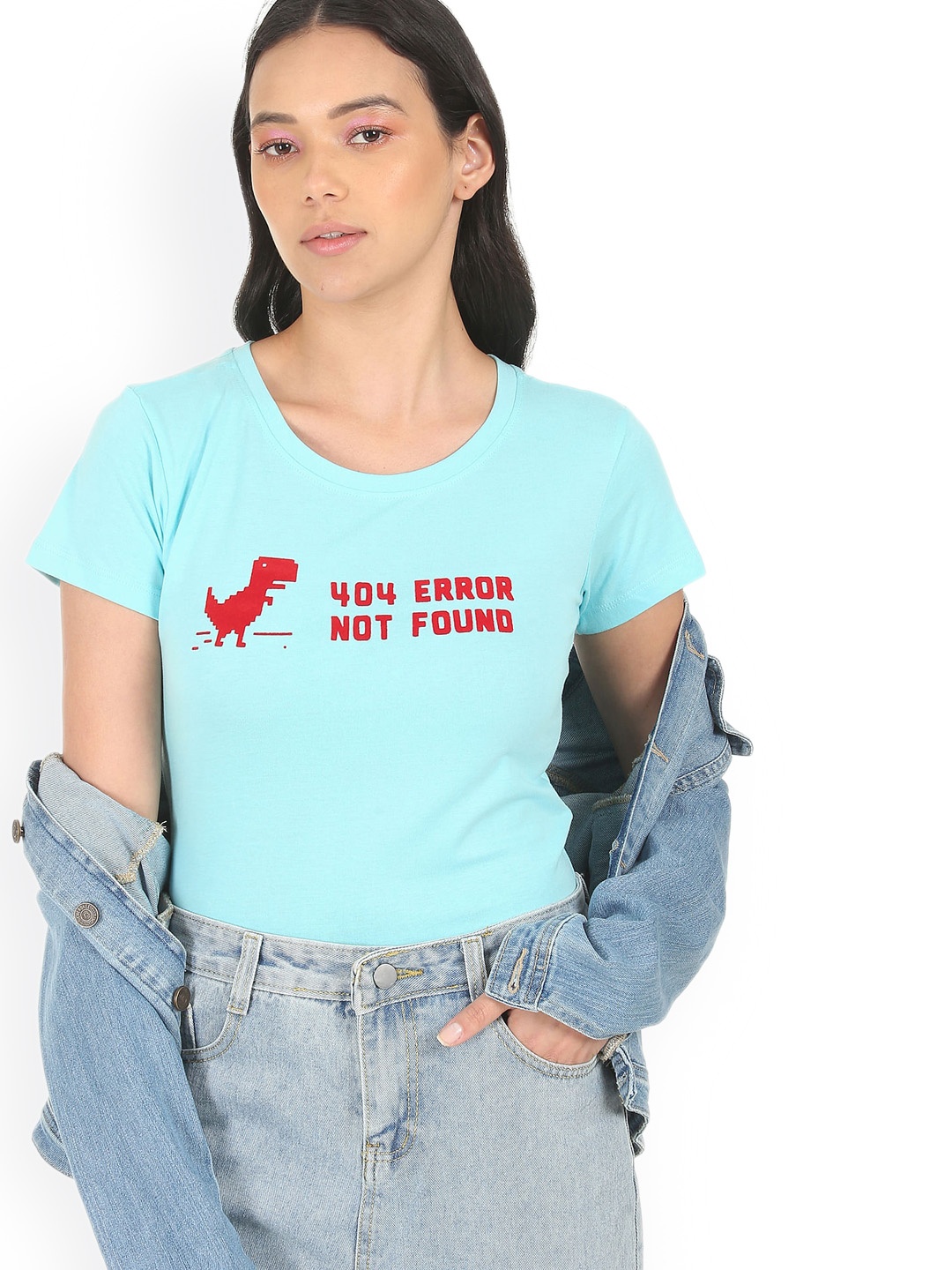 

Sugr Women Turquoise Blue & Red Typography Printed Pure Cotton T-shirt