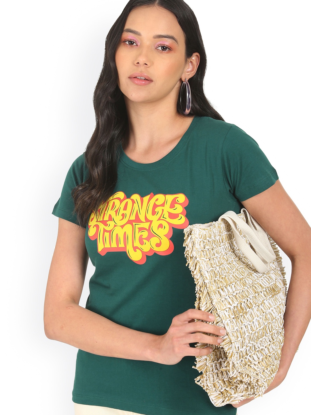 

Sugr Women Green & Yellow Typography Printed Pure Cotton T-shirt