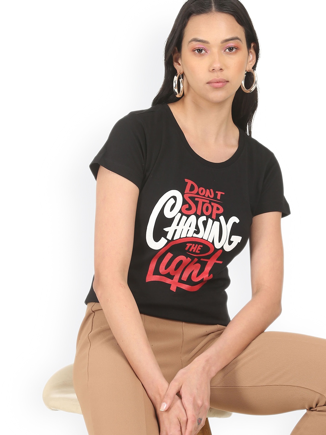 

Sugr Women Black & Pink Typography Printed Pure Cotton T-shirt