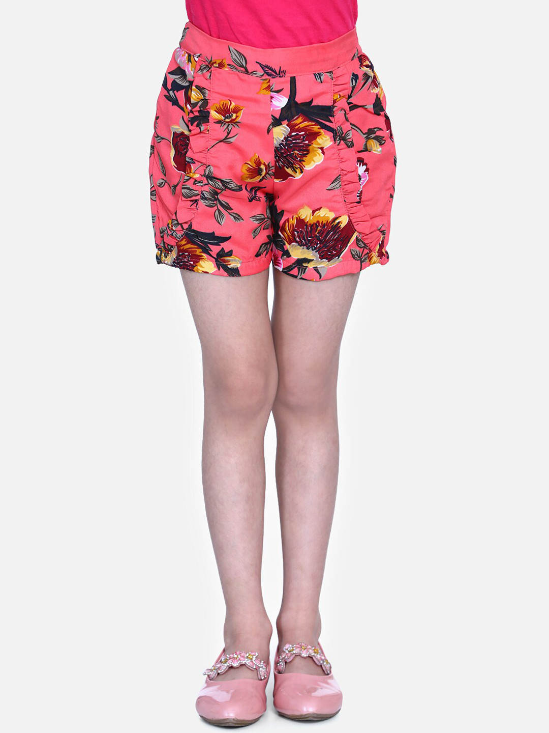 

Cutiekins Girls Peach-Coloured Floral Printed Regular Fit Shorts