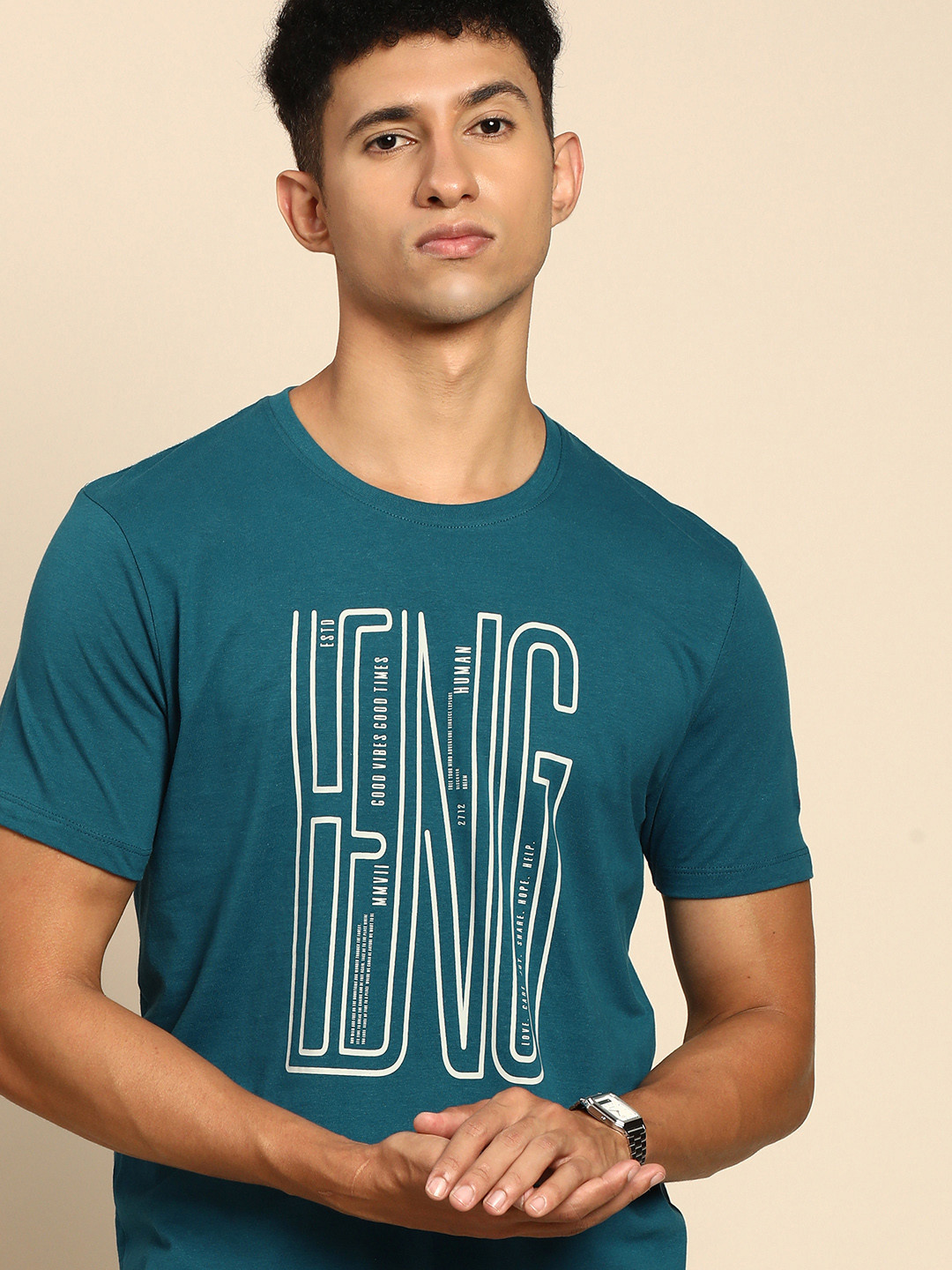 

Being Human Men Teal Blue Typography Printed Pure Cotton T-shirt