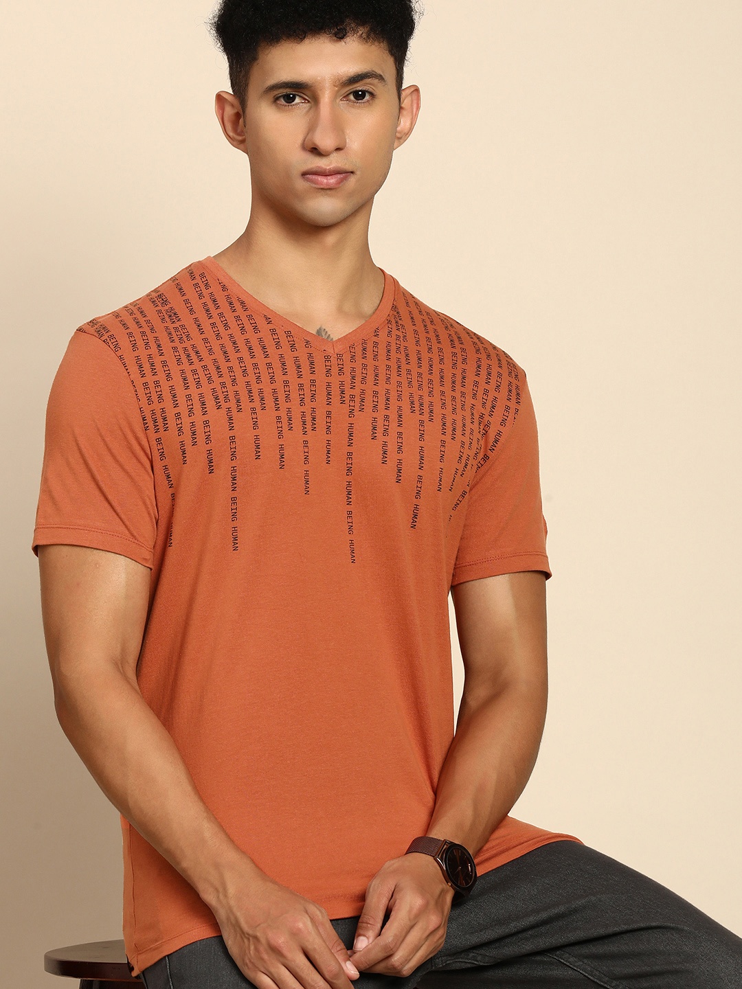 

Being Human Men Brown Typography Printed V-Neck Pure Cotton T-shirt