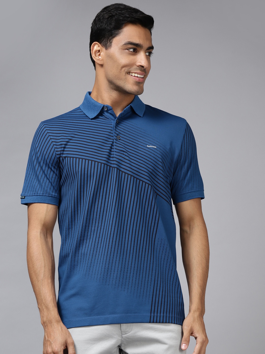 

Van Heusen Men Navy Blue & Black Striped Polo Collar Slim Fit T-shirt